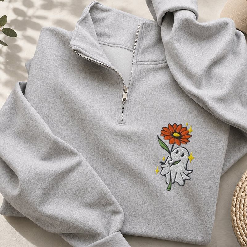 Embroidered Ghost Holding A Flower Classic Quarter Zip Sweatshirt