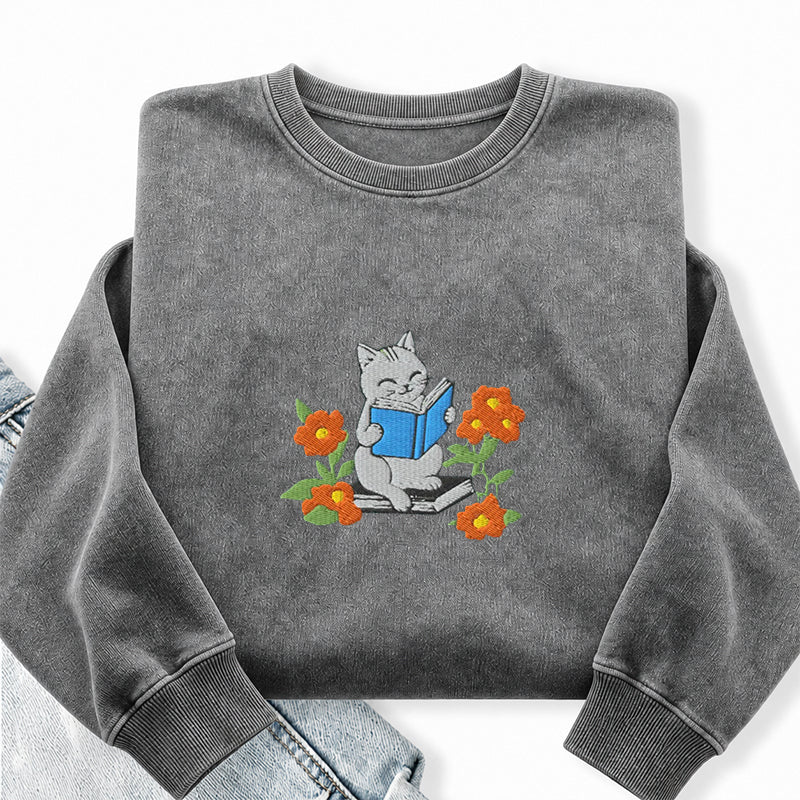 Embroidered Floral Bookish Cat Washed Crewneck Sweatshirt