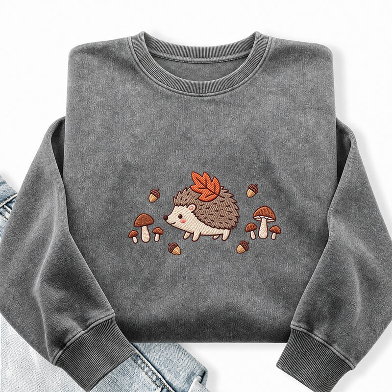 Embroidered Hedgehog Mushroom Washed Crewneck Sweatshirt