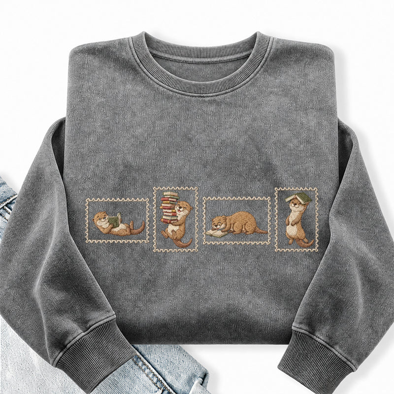 Embroidered Otter Reading Washed Crewneck Sweatshirt