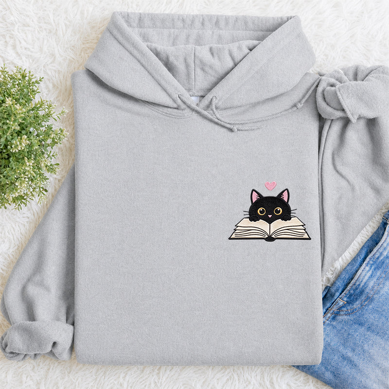 Embroidered Reading Black Cat Classic Adult Unisex Hoodie