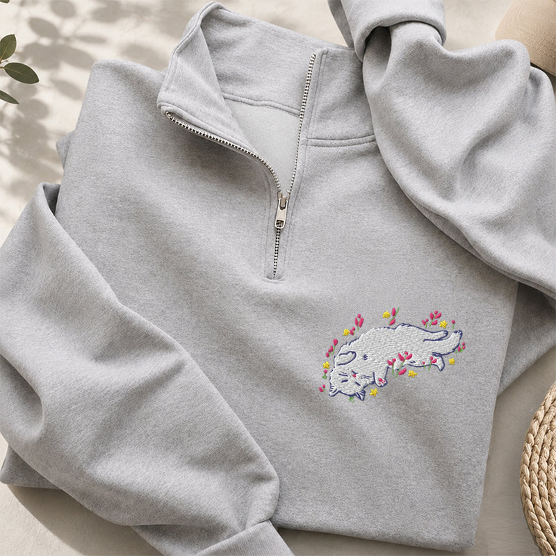 Embroidered Floral Playing Cat Classic Quarter Zip Sweatshirt