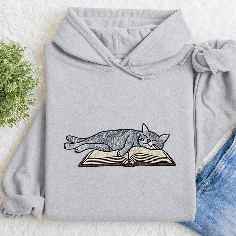 Embroidered Cat Sleeping On Book Classic Adult Unisex Hoodie