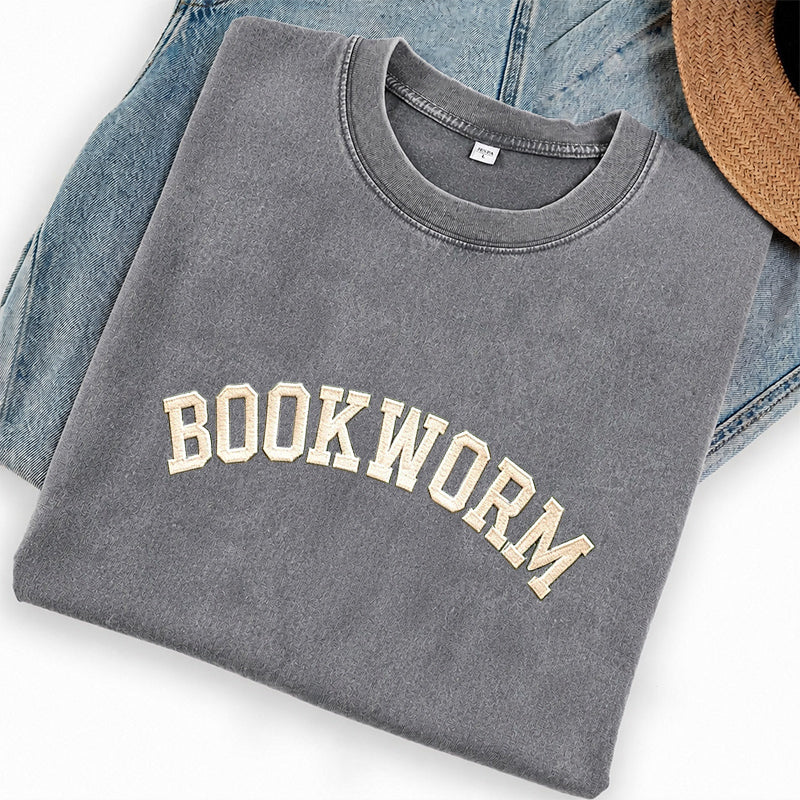 Embroidered Bookworm Washed Crew Neck T-Shirt