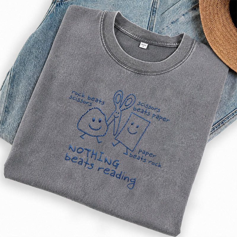 Embroidered Nothing Beats Reading Washed Crew Neck T-Shirt