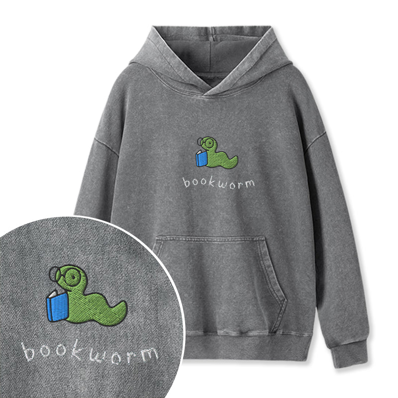 Embroidered Funny Bookworm Washed Hoodie