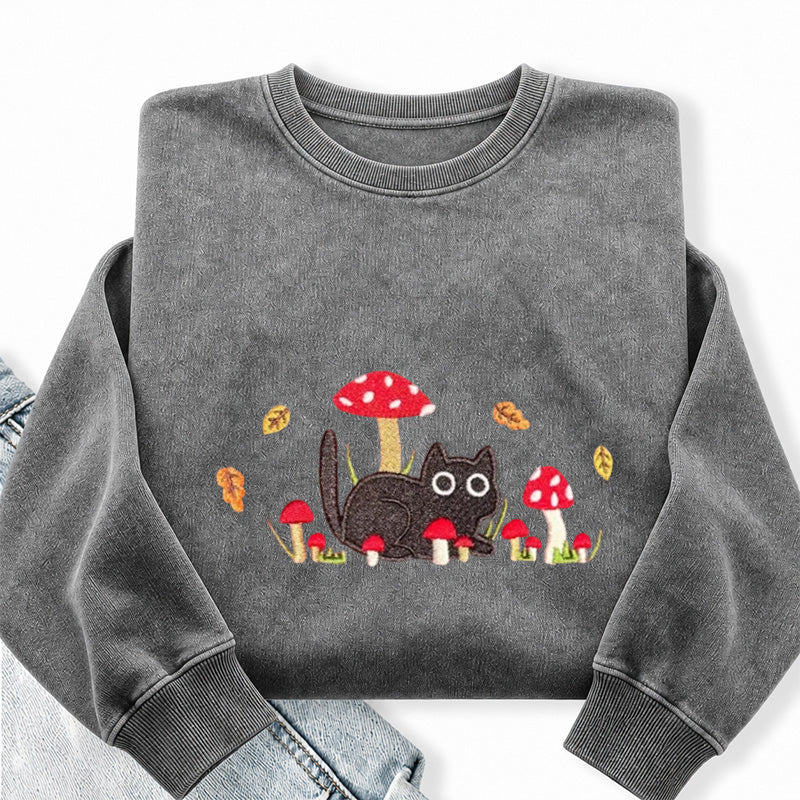 Embroidered Mushroom Cat Washed Crewneck Sweatshirt