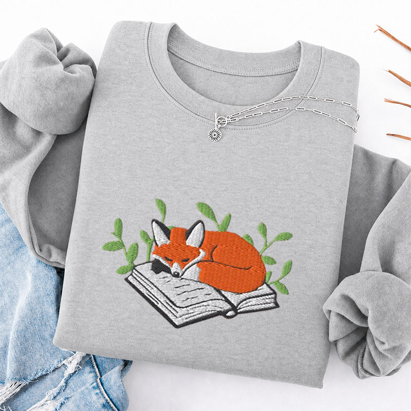 Embroidered Sleeping Fox On The Book Classic Crewneck Sweatshirt