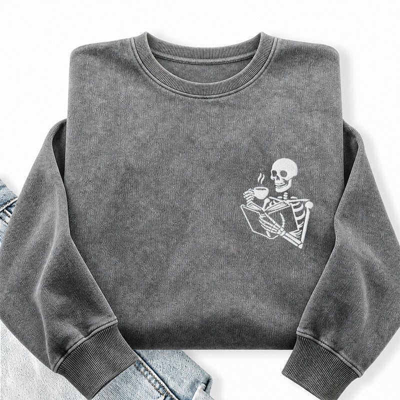 Embroidered Skeleton Coffee And Books Washed Crewneck Sweatshirt