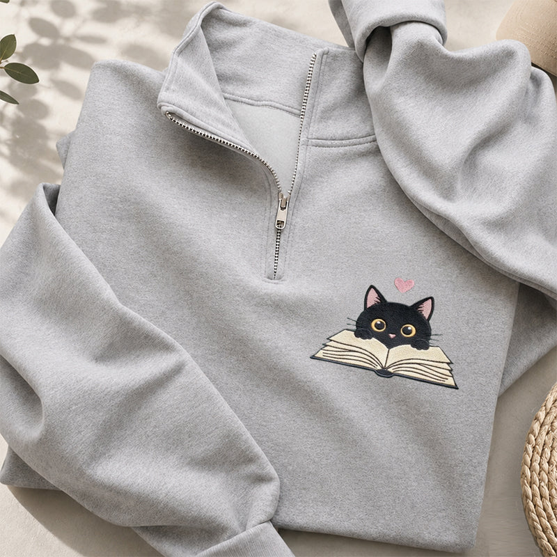 Embroidered Reading Black Cat Classic Quarter Zip Sweatshirt