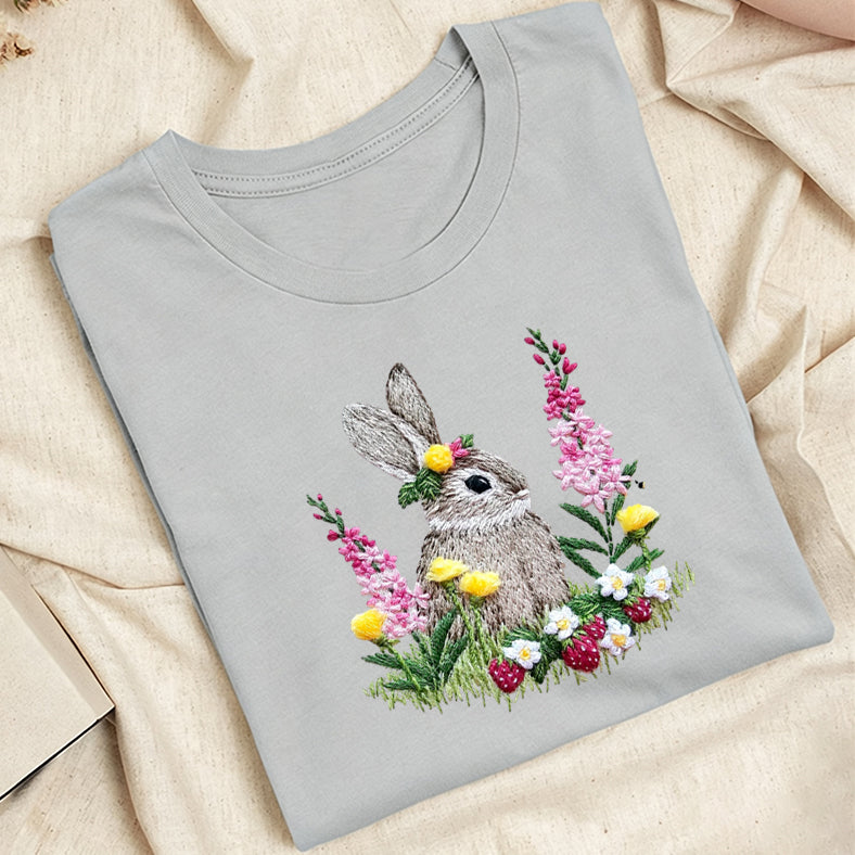 Embroidered Rabbit and Strawberries Classic Adult Unisex Crew Neck T-Shirt