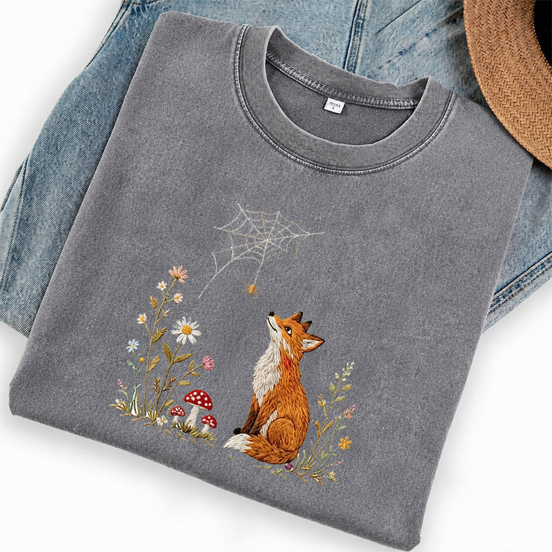 Embroidered Fox Cottagecore Washed Crew Neck T-Shirt