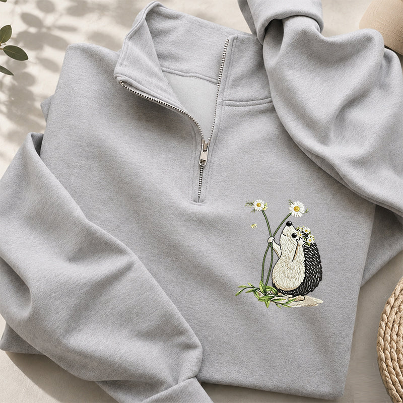 Embroidered Hedgehog Daisy Classic Quarter Zip Sweatshirt