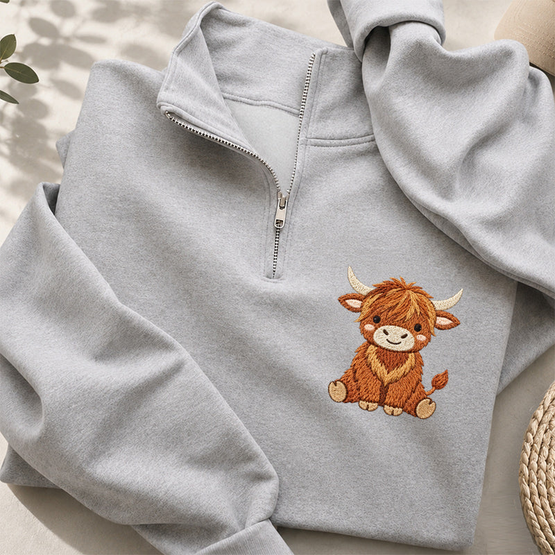Embroidered Highland Cow Classic Quarter Zip Sweatshirt
