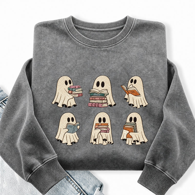 Embroidered Halloween Ghost Book Washed Crewneck Sweatshirt