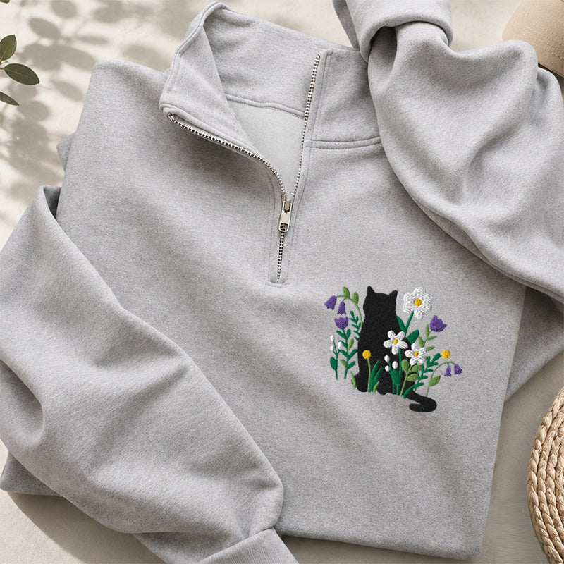 Embroidered Black Cat Cottagecore Classic Quarter Zip Sweatshirt