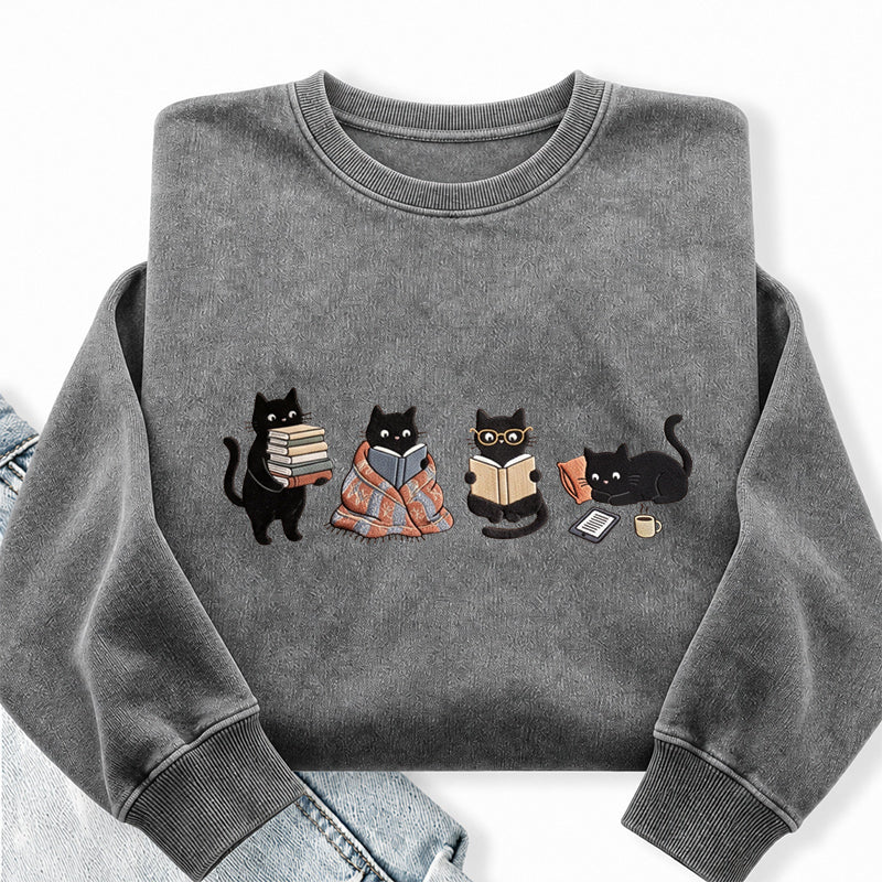 Embroidered Reading Black Cat Washed Crewneck Sweatshirt