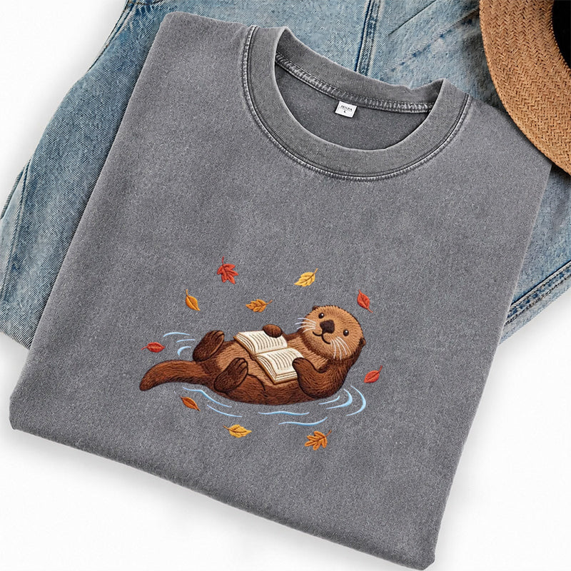 Embroidered Otter Reading Book Washed Crew Neck T-Shirt