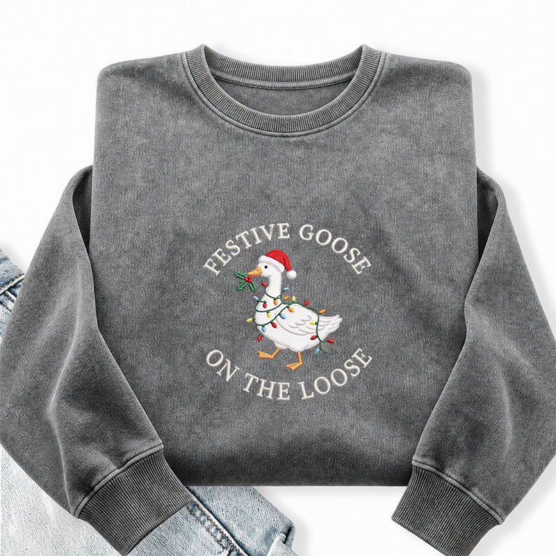 Embroidered Festive Goose On The Loose Washed Crewneck Sweatshirt