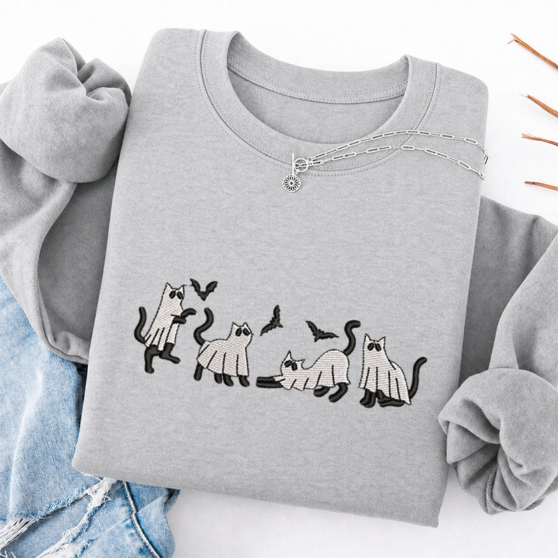Embroidered Funny Cat Ghosts Classic Crewneck Sweatshirt