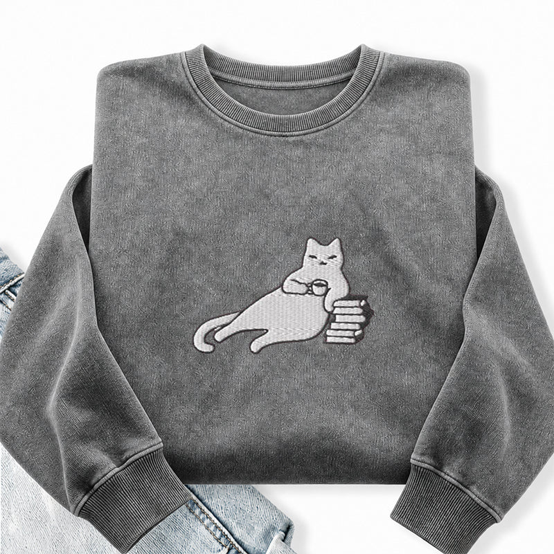 Embroidered Bookish Cat Drinking Coffee Washed Crewneck Sweatshirt