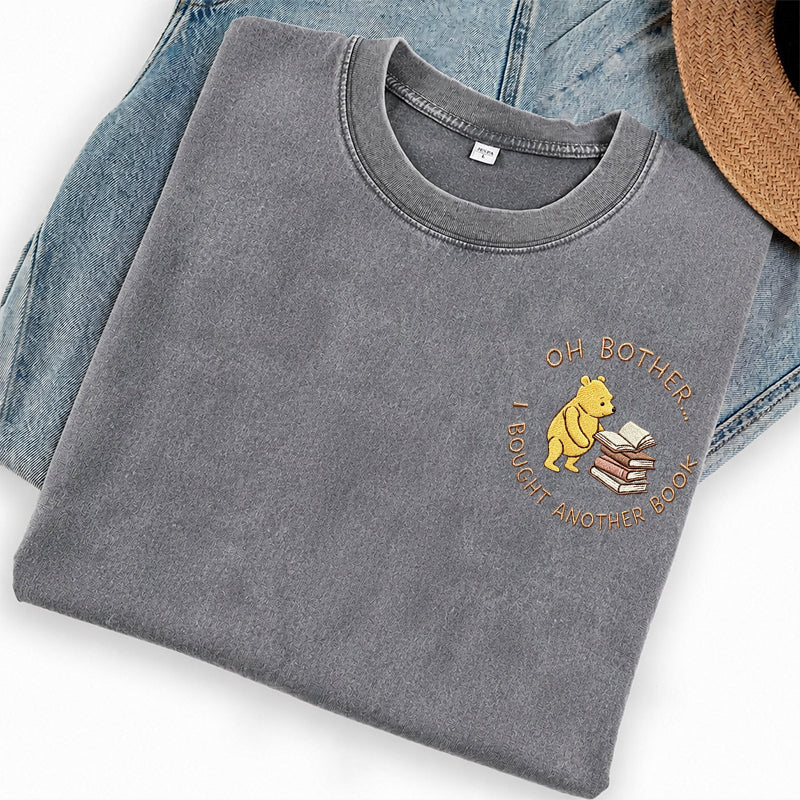 Embroidered Funny Bear Reading Books Washed Crew Neck T-Shirt