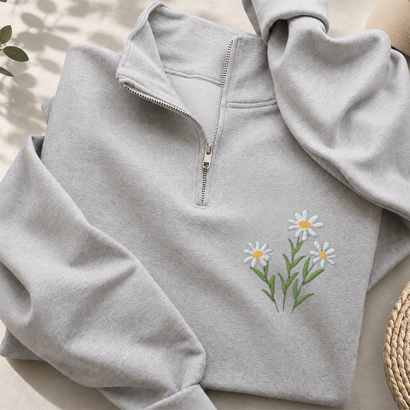 Embroidered Floral Daisy Classic Quarter Zip Sweatshirt