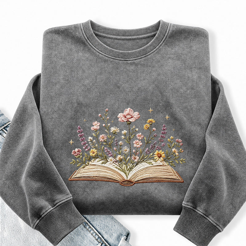 Embroidered Floral Book Washed Crewneck Sweatshirt