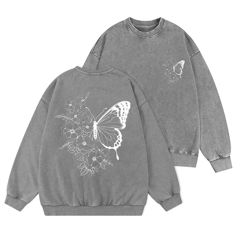 Floral Butterfly Washed Crewneck Sweatshirt