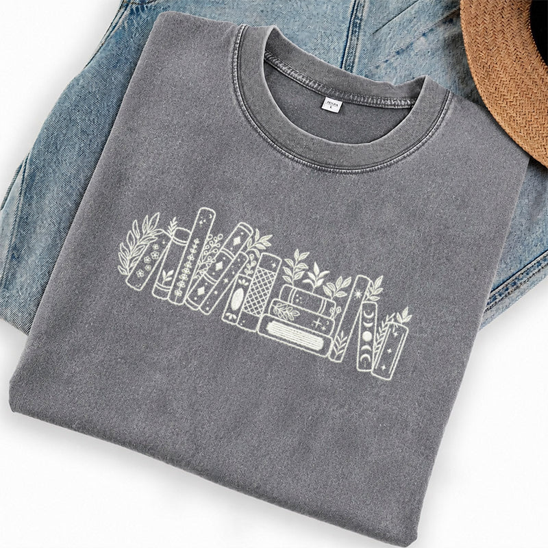 Embroidered Flower Book Washed Crew Neck T-Shirt