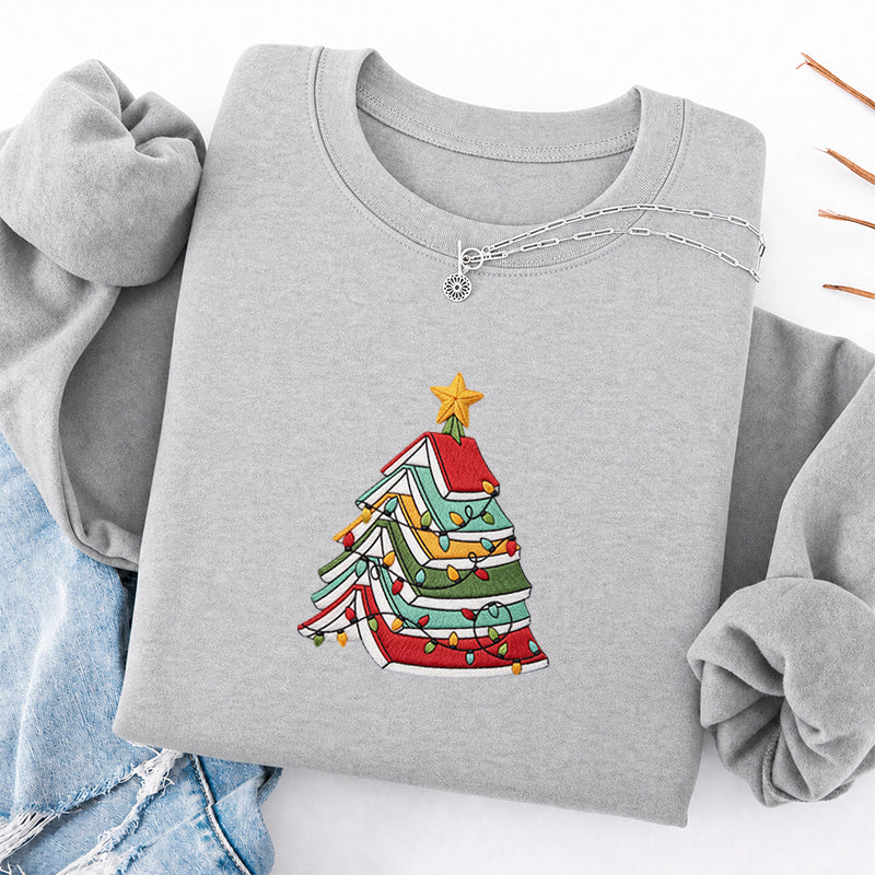 Embroidered Book Christmas Tree Classic Crewneck Sweatshirt