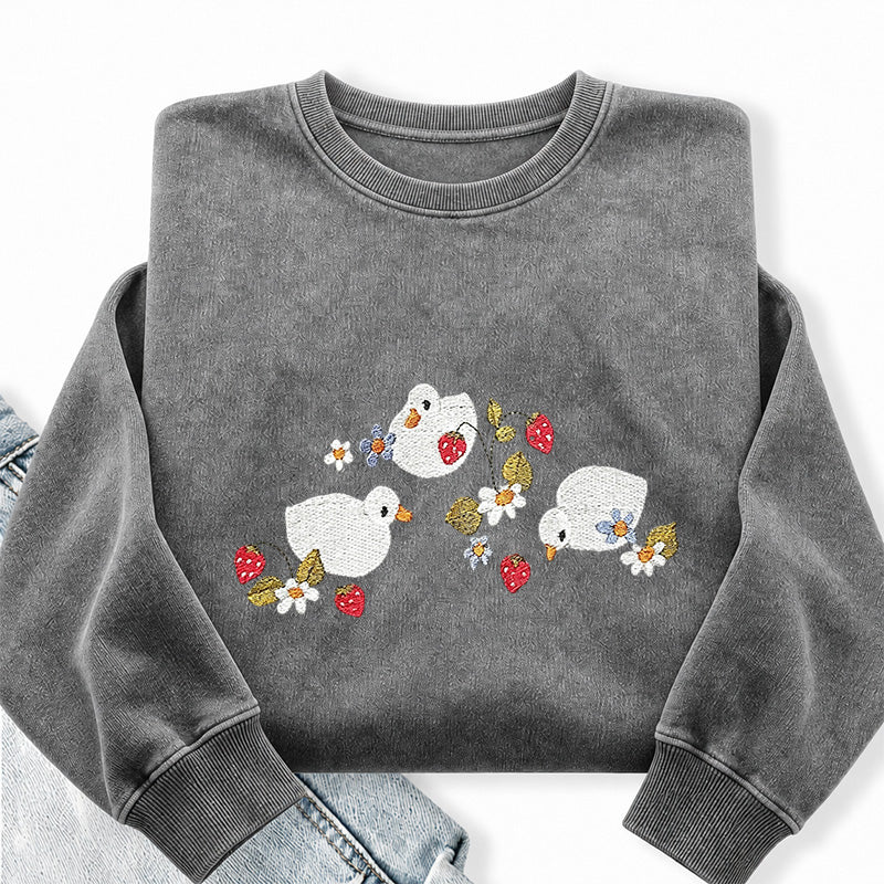 Embroidered Strawberry Duck Washed Crewneck Sweatshirt