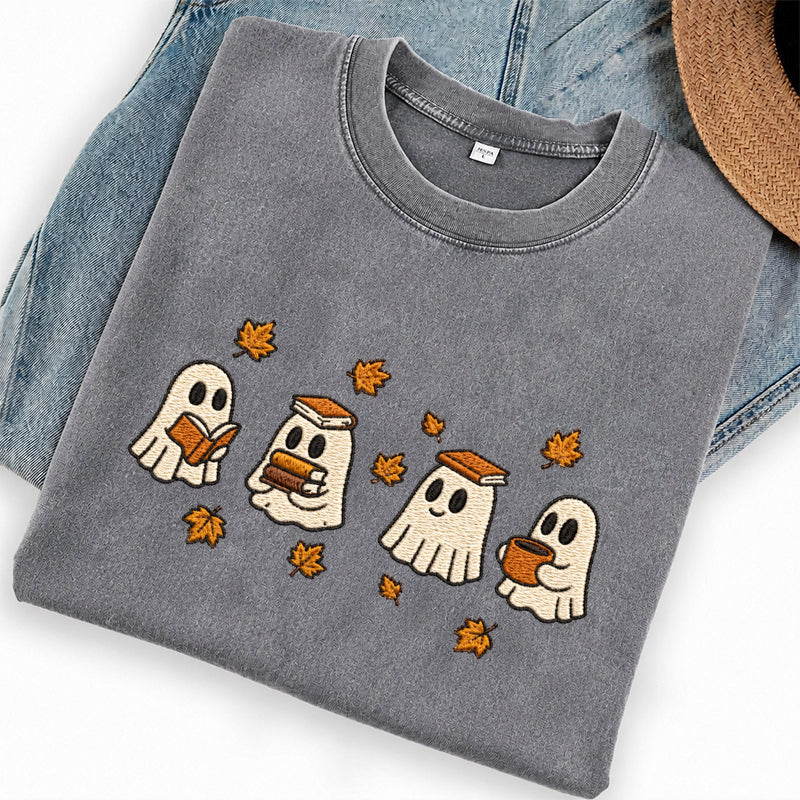 Embroidered Autumn Bookish Ghost Washed Crew Neck T-Shirt