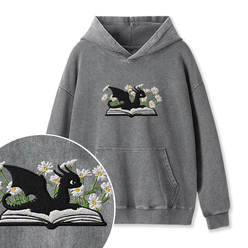 Embroidered Floral Dragon Book Washed Hoodie