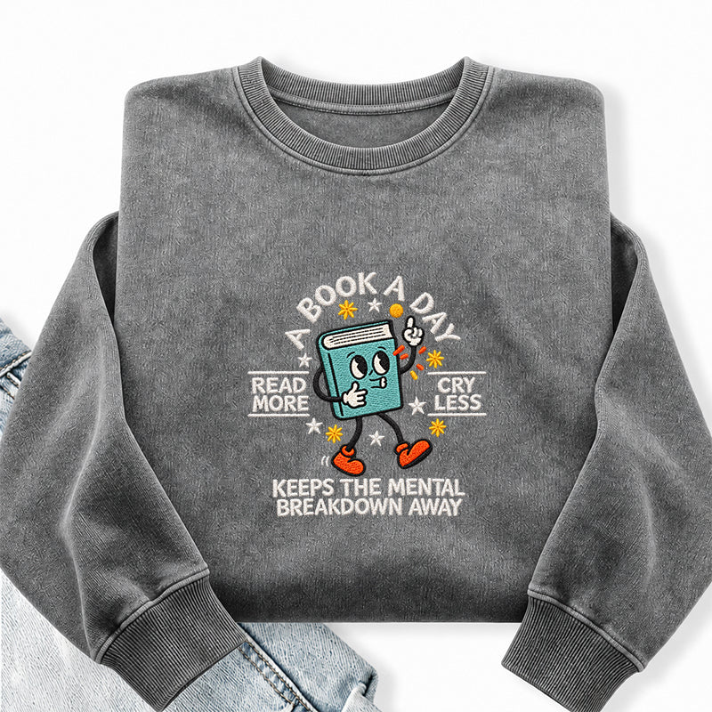 Embroidered Read More Cry Less Washed Crewneck Sweatshirt