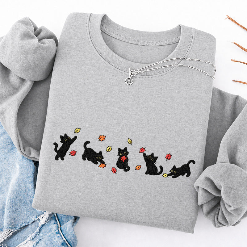 Embroidered Autumn Leaves Black Cats Classic Crewneck Sweatshirt