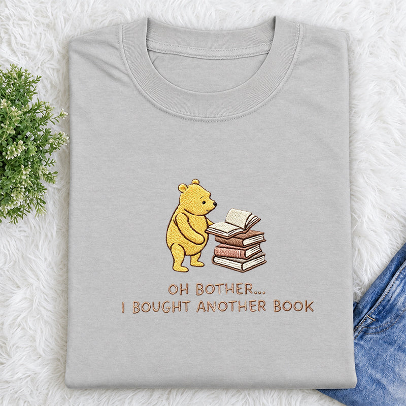 Embroidered Funny Bear Reading Books Classic Crew Neck T-Shirt