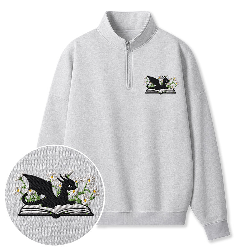 Embroidered Floral Dragon Book Classic Quarter Zip Sweatshirt