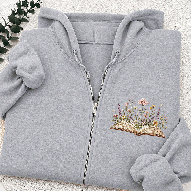 Embroidered Floral Book Adult Unisex Full Zip Hoodie