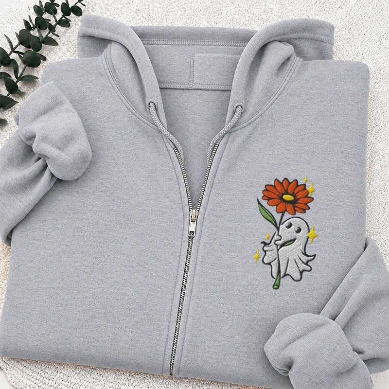 Embroidered Ghost Holding a Flower Classic Adult Unisex Full Zip Hoodie