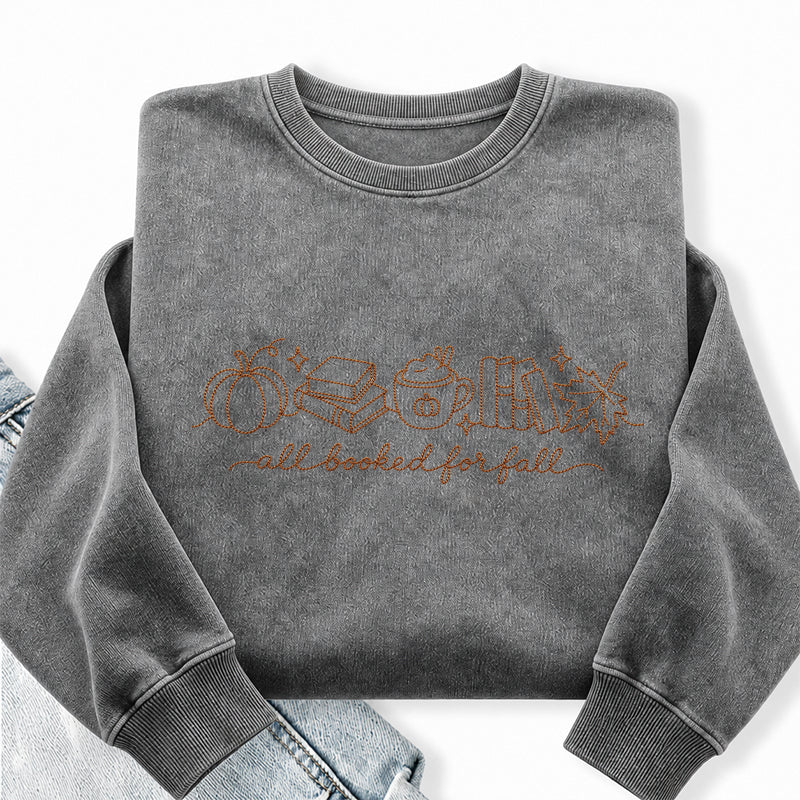 Embroidered All Booked For Fall Reading Washed Crewneck Sweatshirt