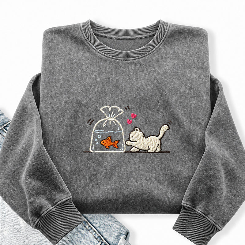 Embroidered Cute Cat Goldfish Washed Crewneck Sweatshirt