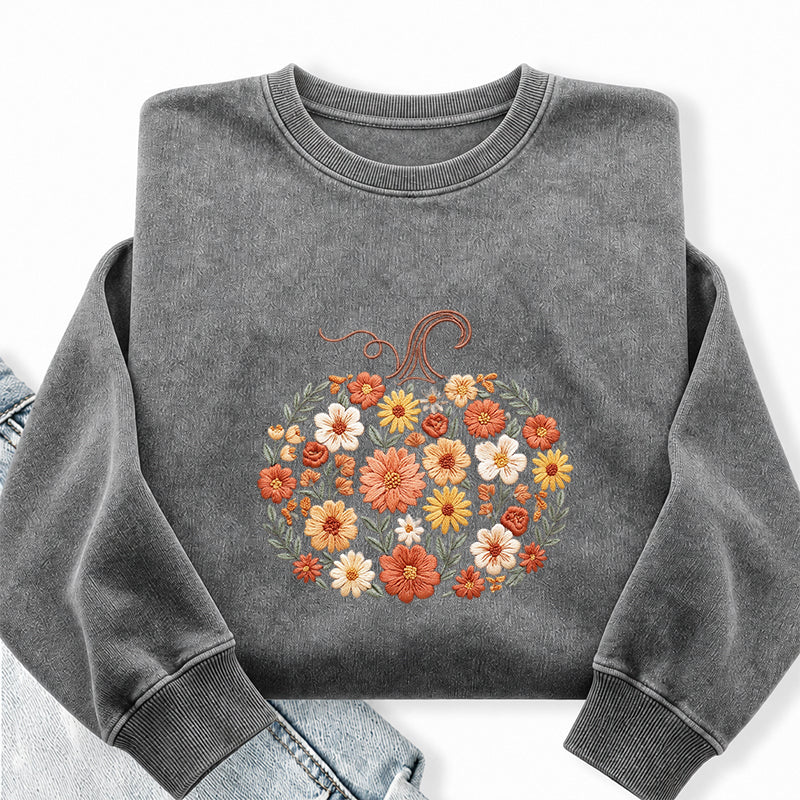 Embroidered Floral Pumpkin Washed Crewneck Sweatshirt
