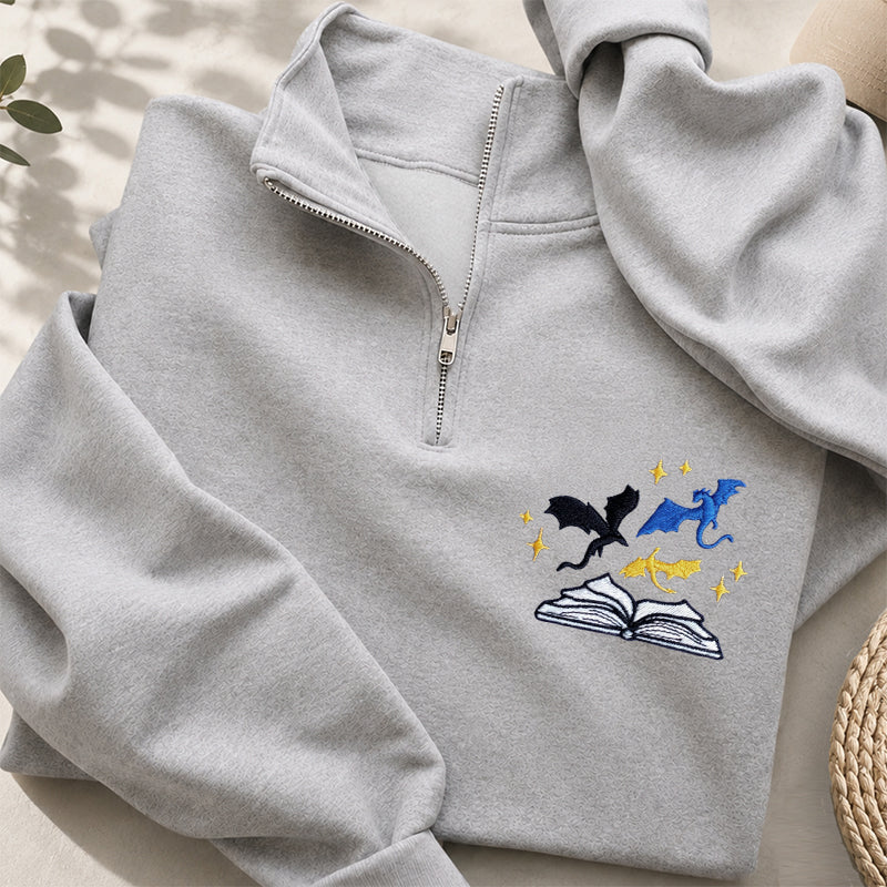 Embroidered Book And Dragon Classic Quarter Zip Sweatshirt