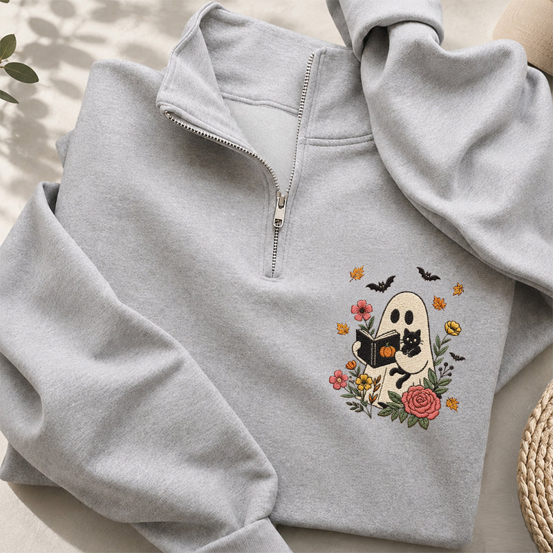 Embroidered Floral Ghost Reading Classic Quarter Zip Sweatshirt