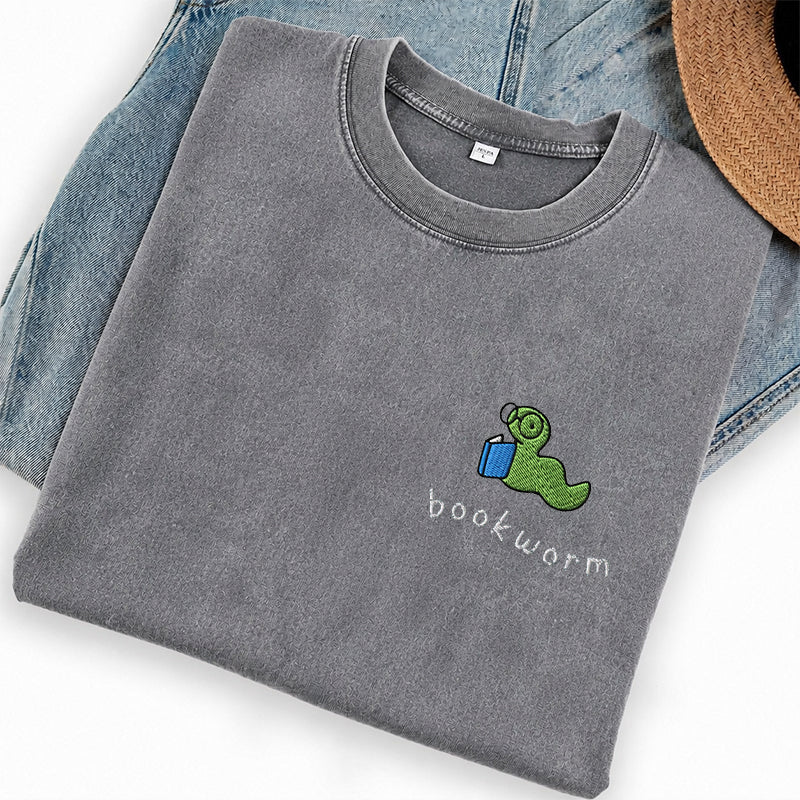 Embroidered Bookworm Washed Crew Neck T-Shirt