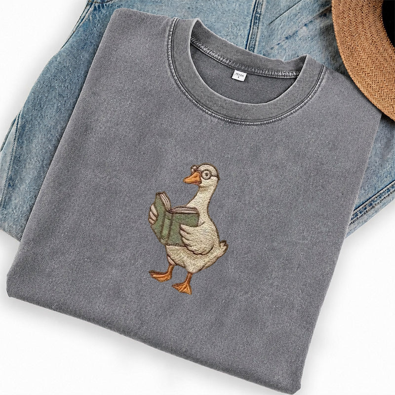 Embroidered Reading Goose Washed Crew Neck T-Shirt