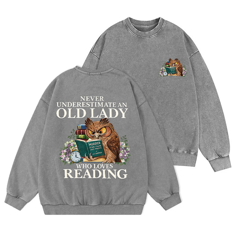 Funny Owl Old Lady Loves Reading Washed Crewneck Sweatshirt