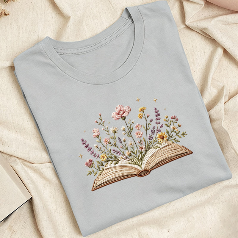 Embroidered Floral Book Classic Adult Unisex Crew Neck T-Shirt