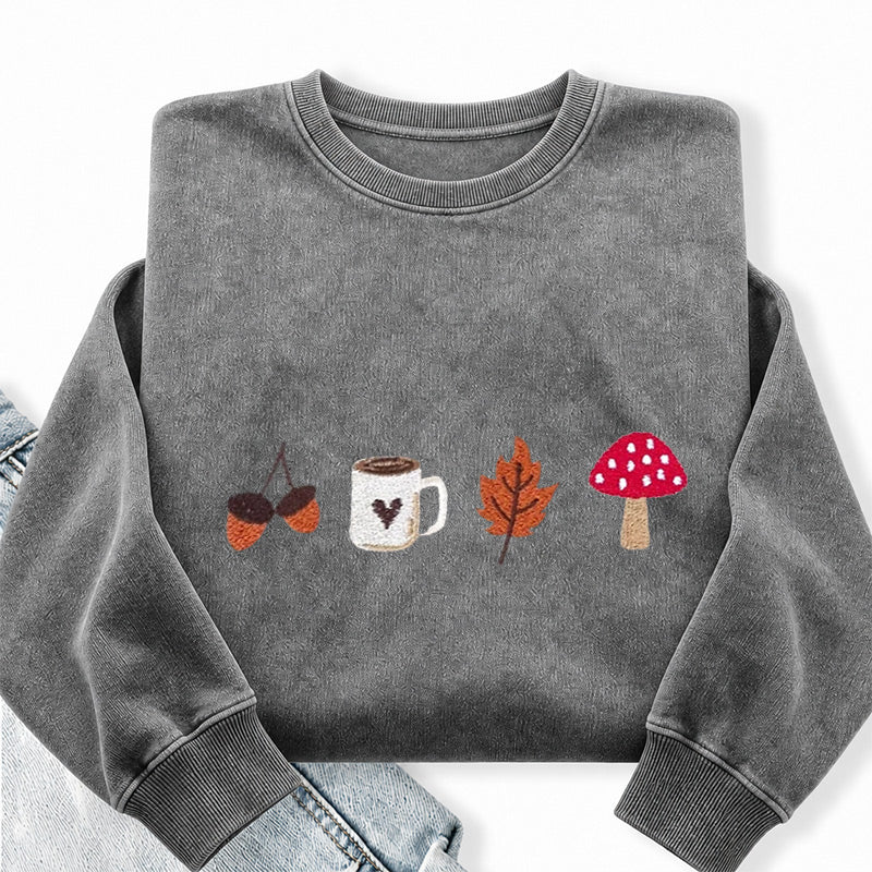 Embroidered Cozy Autumn Washed Crewneck Sweatshirt